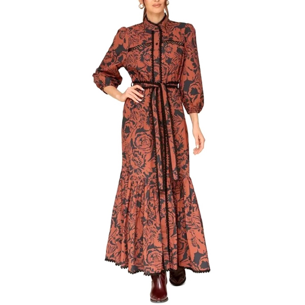 Avec Les Filles Rust Floral Maxi Dress with Black Trim - Picture 3 of 16